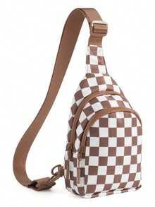 Checkered Sling Bag For Women, Small Checkered Crossbody Chest Bag With Shoulder Strap Fanny Pack Purse, Travel Sling Crossbody Bag Main Compartment, Zippered Front Pockets, Adjustable Shoulder Strap, WaterResistant Lightweight - 棕白格紋 - 查看 6