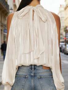Women's Loose Fit Tops Fashion Solid Color Open Shoulder Sleeve Halter Neck Chiffon Blouse For Casual Daily Wear - 香檳色 - 查看 4