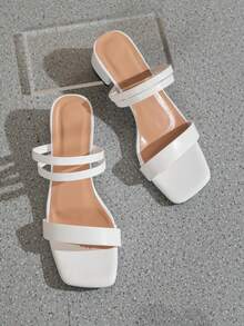 Giày sandal cao gót màu đen dành cho nữ, kiểu dáng thanh lịch mùa hè, chất liệu giả da lộn, hở mũi, gót chunky, quai ngang mắt cá chân. - trắng - Xem 5