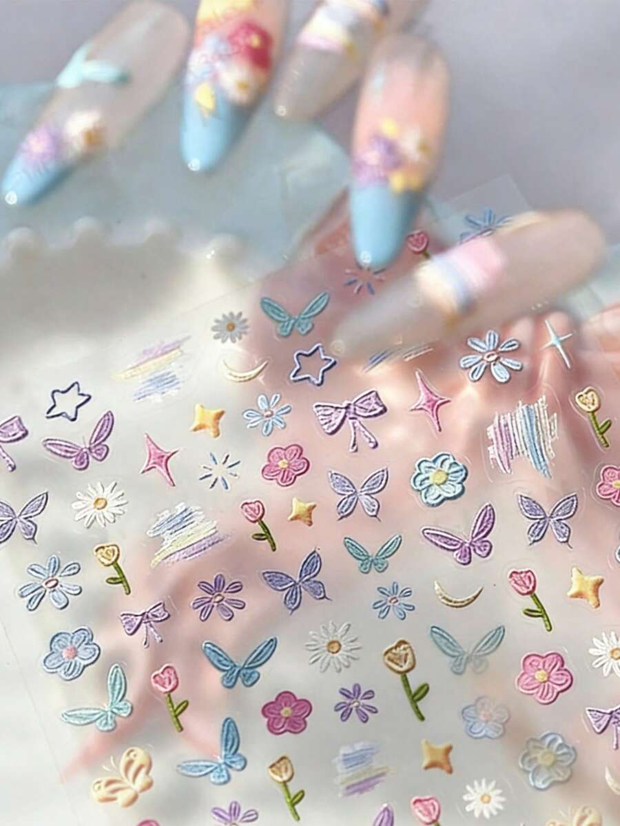 5D Embossed Cartoon Nail Stickers, Cute Flower & Butterfly 3D Nail Art Decals - Multicolor - View 1