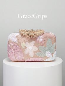 European And American Fashion Leaf & Floral Patchwork Box Shaped Clutch Bag, Luxury Rhinestone Evening Bag, Elegant & Charming Formal Dress Bag, Sparkling Night Use Women's Handbag, Formal Party Bag, Romantic Wedding Clutch, Comes With Detachable Chain, Pattern Randomly Sent - Pink - View 7
