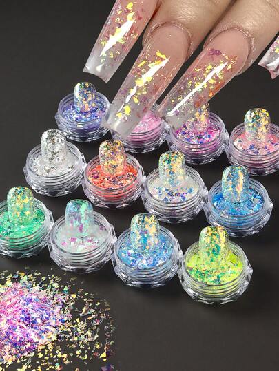12 hạt kim tuyến lấp lánh hình mảnh không đều Aurora, nhiều màu sắc, dạng hạt to, hỗn hợp, phụ kiện làm móng DIY, dụng cụ làm móng.