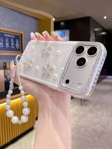 Luxury Rhinestone Flower Pearl Butterfly Shell Pattern Phone Case + Rhinestone Chain Strap, Suitable For IPhone 17 Pro Max/16/15/14/13/12/11, Pearl Rhinestone Phone Lanyard - Multicolor - View 4