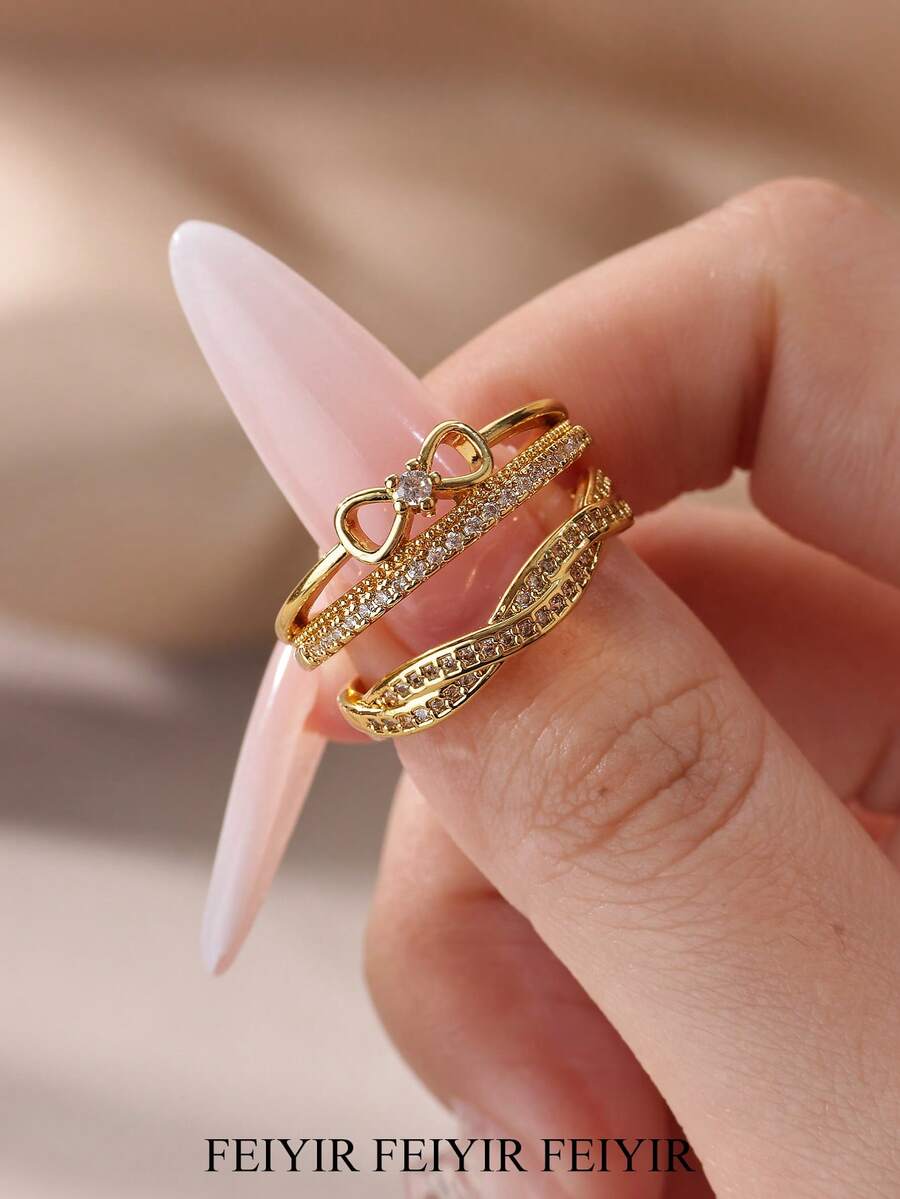 可调节18K镀金复古蝴蝶结立方氧化锆戒指，优雅防水首饰配饰，送给女性/闺蜜的礼物，适合婚礼、生日、母亲节等场合。 - 彩色 - 查看 1