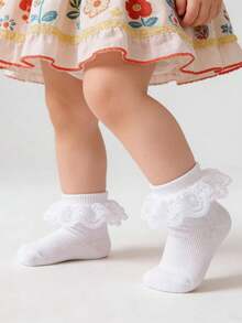 5 Pairs Newborn Baby Girls White Lace Ruffle Socks, Breathable Princess Style Pleated Socks Suitable For Newborns & Toddlers - Multicolor - View 3