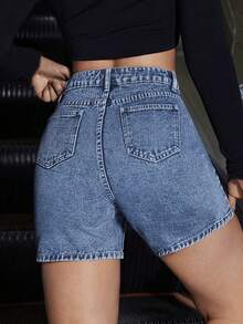 Quần short denim cạp cao, túi xéo, kiểu dáng thường ngày dành cho nữ tuổi teen, thoải mái và thời trang. - Màu xanh lam - Xem 4
