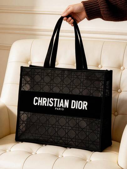Christian Dior Black Woven Mesh Cosmetic Bag, Featuring CD Interwoven Pattern And Brand Logo Striped Design, Large Capacity Travel Storage Pouch