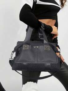 Y2K Women's Street Spliced Shoulder Bag, Personalized Mesh Handbag, Large Capacity Rivet Retro Crossbody Bag - Black - View 2