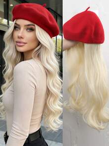 Mũ nồi đỏ với tóc giả dài xoăn vàng óng 26 inch, có thể tháo rời, thích hợp để đội hàng ngày. - Nhiều màu - Xem 12