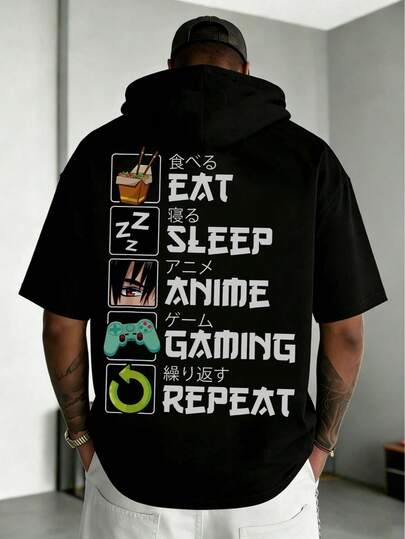 男士休闲动漫游戏印花短袖连帽T恤