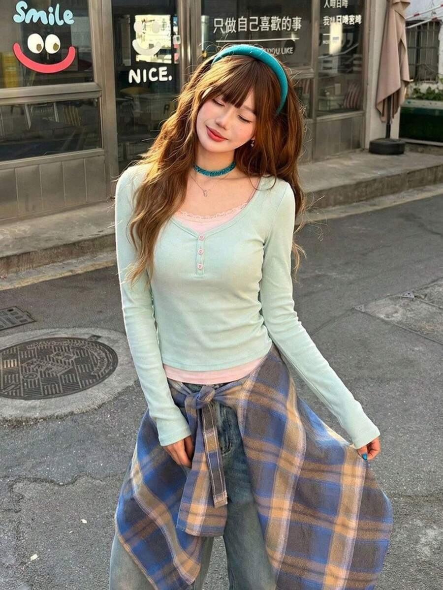 Women Tops - 淺綠拼粉 - 查看 1