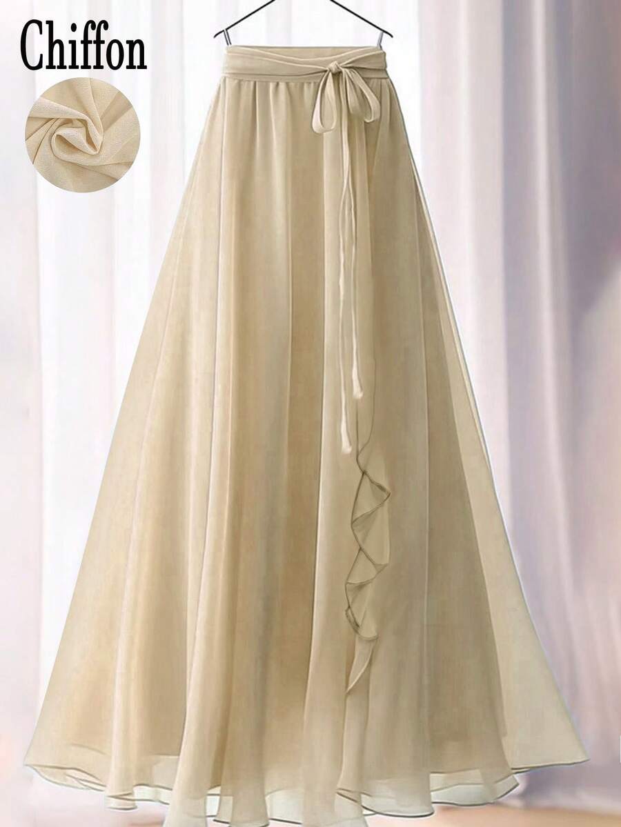 女士纯色优雅花卉蕾丝/荷叶边腰带垂褶A字长裙 夏季 - 卡其色 - 查看 1