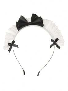 1件柔软褶皱蕾丝蝴蝶结发箍，白色荷叶边蕾丝发箍配黑色缎带蝴蝶结，可爱少女风发箍，适合上学、下午茶、动漫展和日常甜美发型。 - 黑色 - 查看 2