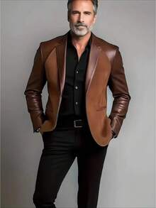 Fashion Suit Collar Middle-Aged Dad Jacket Versatile Casual Men's Leather Suit Is Simple, Elegant And Fashionable, Suitable For Work Commuting, Daily Travel, Leisure Play And Other Occasions. - màu nâu cà phê - Xem 2