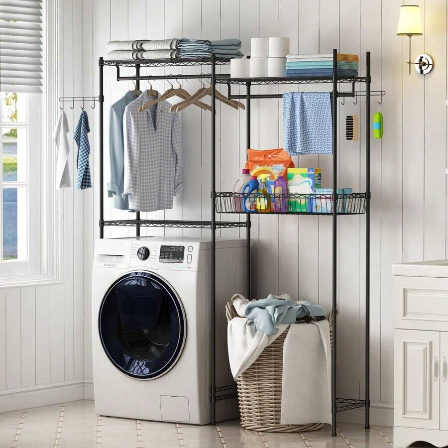Over The Washer And Dryer Storage Shelves, Clothes Drying Rack With Wire Basket Side Hook, 4-Tier Laundry Room Storage Rack With Adjustable Hanging Rod, Fits Standard Washer/Dryer, Black - Black - View 1