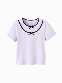 Balabala Girls' New Arrival Sweet Polka Dot Short Sleeve Summer T-Shirt Top With Bow Details - Pink Purple - View 1