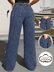 Pantalones de unicolor con bolsillo con botón y bordado elegante de cereza, un tamaño ligeramente pequeño adecuado para salidas casuales diarias, ir al trabajo en primavera, verano, otoño e invierno - Color de vaca crudo 1 - Ver 3