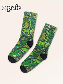 1 Pair Children's Cartoon Dinosaur Socks, Green, Suitable For Ages 1-16, High Elasticity Mid-Calf, Casual Sports Socks For Boys And Girls, Fashionable And Versatile, Spring/Summer/Autumn - 彩色 - 查看 11