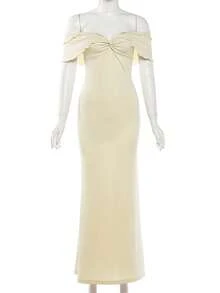 YeonC 女士优雅露肩修身长连衣裙，采用高弹针织面料，饰有扭结细节，铅笔裙款式。 - 杏色 - 查看 10