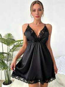 Bộ đồ ngủ ren phối màu tương phản sang trọng - Váy ngủ cổ chữ V sâu với áo choàng dài tay và thắt lưng, chất liệu co giãn, đồ ngủ thanh lịch dành cho nữ giới trong mọi mùa. - màu đen - Xem 6