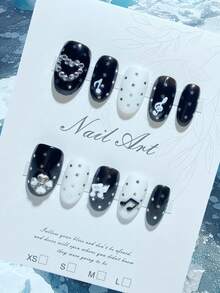10 Móng Tay Giả Thủ Công, Phong Cách Y2K, Móng Tay Dễ Thương, Móng Tay Giả, Móng Tay Hình Nốt Nhạc Ánh Sao Đen Trắng Tinh Tế, Móng Tay Giả Hình Bầu Dục Hình Cánh Trái Tim Đính Đá 3D, Móng Màu Đen, Chất Lượng Cao Cấp, Có Thể Tháo Tháo Và Tái Sử Dụng, Thích Hợp Cho Các Bữa Tiệc Và Lễ Hội Âm Nhạc. - màu đen - Xem 3