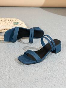 Giày sandal cao gót màu đen dành cho nữ, kiểu dáng thanh lịch mùa hè, chất liệu giả da lộn, hở mũi, gót chunky, quai ngang mắt cá chân. - Màu xanh hải quân - Xem 3