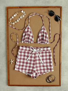 Bộ bikini nữ mùa xuân/hè mới họa tiết kẻ caro buộc cổ, kiểu dáng gợi cảm, thích hợp cho đi biển, hẹn hò, dự tiệc. - Nhiều màu - Xem 2