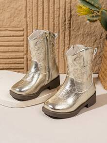 NILOSH Embroidered Western Cowboy Boots, New Fashion Mid-Calf Boots For Boys & Girls, Retro Style - Gold - View 1
