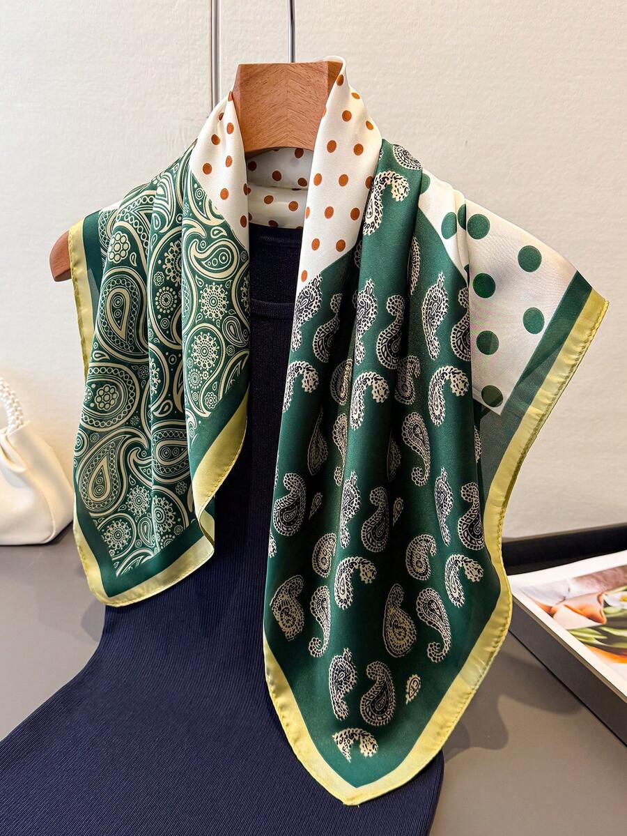 1条波点腰果四叶草图案轻薄围巾，仿丝材质，女士头巾/领巾，适合海滩、街头、日常穿着、度假、装饰等场合。 - FG396-2 綠色 - 查看 1