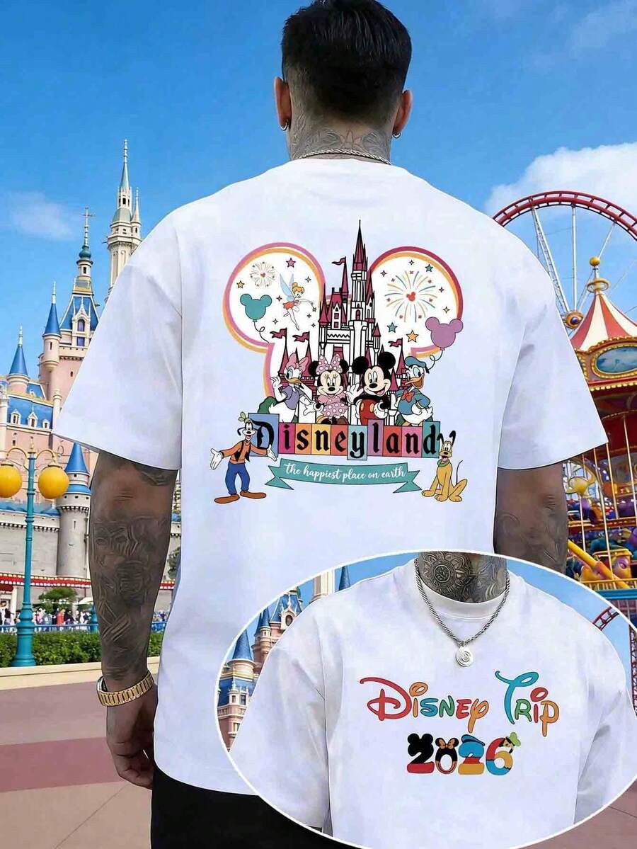 Disney Limited Edition 2026 T-Shirt,Featuring Mickey Mouse's Head, Castle, And FriendsDesigns. Unisex Crew Neck Short-Sleeved Top,Comfortable, Soft, And Versatile, Suitable For EverydayWear, Commuting, Vacations, And Parties. - Blanco - Ver 1