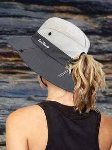 1件装女士夏季遮阳帽沙滩帽宽檐户外防紫外线帽可折叠透气网眼马尾辫渔夫帽 - 英文刺繡馬尾漁夫帽 - 查看 3