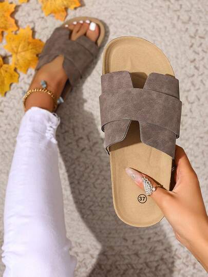 Thick Sole Spring/Summer New Brand Thick Sole Rice Husk Slippers, Women's Net Celebrity Fashion Casual Sandals, Roman Style Slip-On Slippers, Comfortable Black Slouchy Slippers For Summer