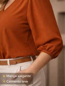 Elegant Women's Blouse With 3/4 Sleeves And Elastic Waistband | Lightweight And Comfortable Fabric | Plus Sizes GG To G3 - Đất nung - Xem 5