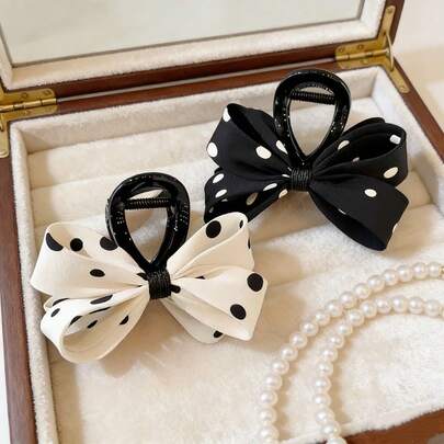 复古波点蝴蝶结发夹，黑白蝴蝶结设计发饰，优雅日常佩戴
