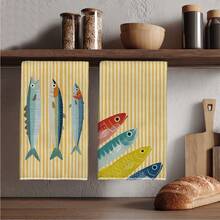 MEMNUN 2 pezzi Asciugamani da cucina estivi moderni con illustrazione di sardine a righe giallo chiaro, 40*60cm, super morbidi e assorbenti in microfibra, decorazione per cucina e casa, lavabili in lavatrice, adatti per sala da pranzo, cucina, decorazione domestica e regali, per tutte le stagioni - Multicolore - Visualizzare 1