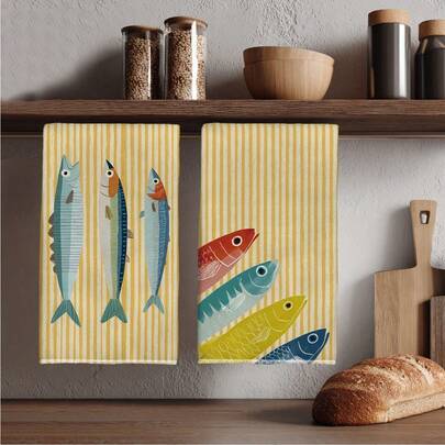 MEMNUN 2条夏季现代浅黄色条纹沙丁鱼图案印花厨房毛巾，15.75*23.62英寸（40*60厘米），超柔软吸水超细纤维洗碗布，厨房装饰，家居用品，可机洗，适用于餐厅、厨房、家居装饰和礼品，四季皆宜。