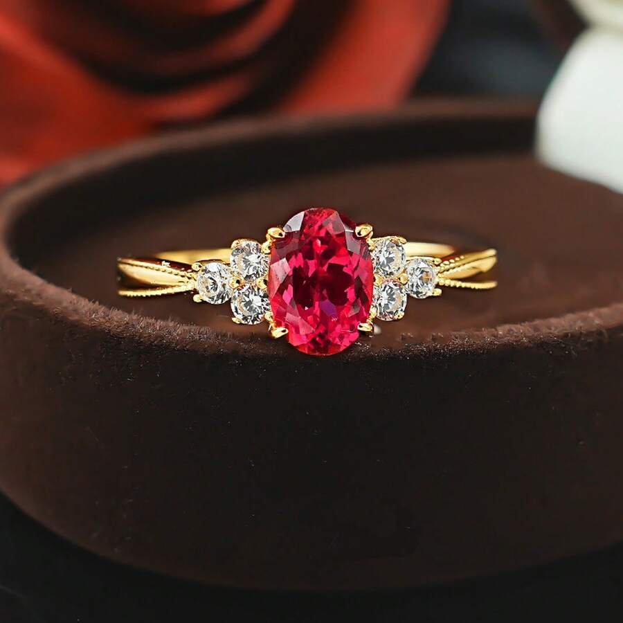 New Arrival Dreamy Encounter Series, Bouquet-Shaped Ring With Artificial Pigeon Blood Ruby, Micro-Inlaid , Elegant Design For Women (Fits Live Streaming & Cross-Border ) - 鴿血紅寶戒指 - 查看 1