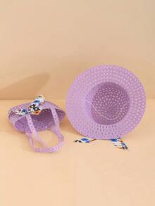2pcs/Set Girls Floral Bucket Hat & Floral Bag, Suitable For Girls Spring/Summer Outings And Vacations, Daily Wear Sun Protection - Mauve Purple - View 3