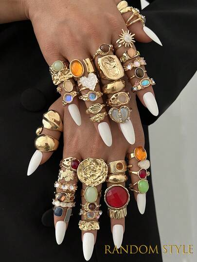 20/13/6pcs Vintage Elegant Bohemian Style Women Irregular Pleated Colorful Gemstone, Cat Eye Stone, Sunflower, Heart Shaped Multi-Element Combination Metal Ring Set, Suitable For Women's Daily, Party, Wedding, Holiday, Valentine's Day, Date Wear, Gift (Random Delivery)