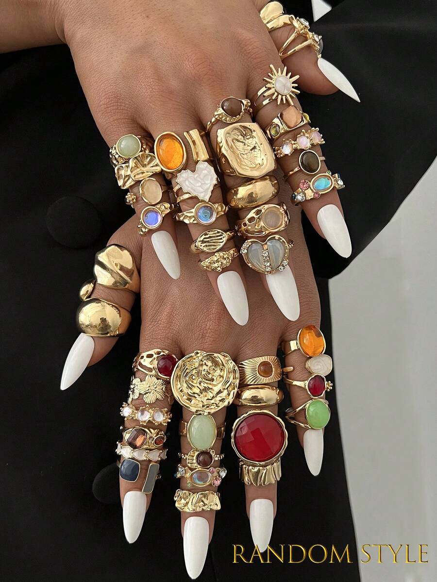 20/13/6件套复古优雅波西米亚风女士不规则褶皱彩色宝石、猫眼石、向日葵、心形多元素组合金属戒指套装，适合女士日常、派对、婚礼、节日、情人节、约会佩戴、送礼（随机发货） - 金色 - 查看 1