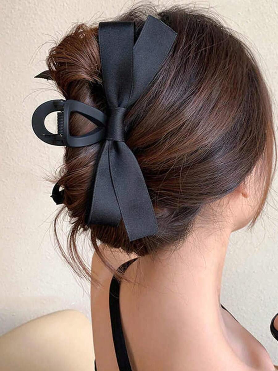 1pc Elegant Satin Bow Hair Claw Claw Clips Hair Clips Hair Jaw Clip Hair Clamps Hair Clutch Hair Catcher Clip, Bow Accessories, School Stuff, College Fall Winter Hair Accessories For Women For Vacation Outfits Woman,Hair Accessories, Butterfly Hair Clips, Matte Hair Clips, Duckbill Clips, Vintage Hair Barrett,Hair Accerssories,Claw Clips,Summer,Hair Clips - 黑色 - 查看 1