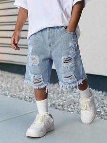 Nuevos shorts vaqueros azules básicos y sencillos con efecto desgastado de moda, para primavera/verano - Azul - Ver 1