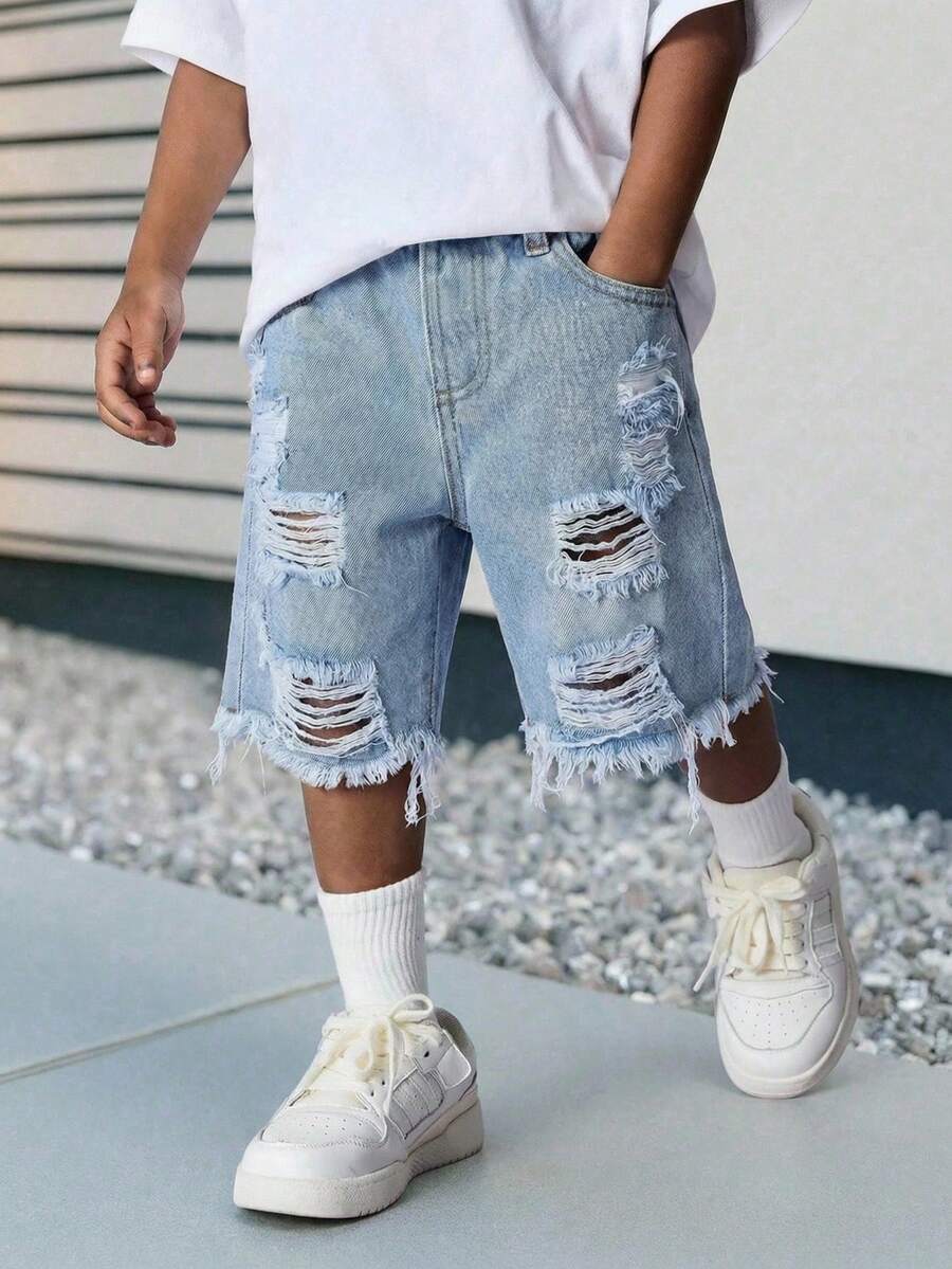 Nuevos shorts vaqueros azules básicos y sencillos con efecto desgastado de moda, para primavera/verano - Azul - Ver 1