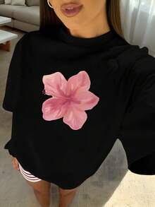 1pcs Plus Size Women's Loose Fit T-Shirt, Printed With Watercolor Pink Hibiscus Flowers, Perfect For Tropical Vacations, Beach Dates, Summer Parties - 黑色 - 查看 10