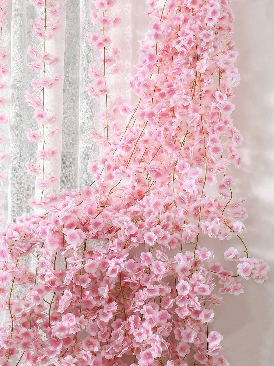 1pc Artificial Cherry Blossom Vine Home Decor, DIY Wreath Material, Valentine's Day Decoration, Birthday Party Decor, Wedding Venue Accessory, Outdoor Garden Decoration, New Year Ornament - Pink - View 1