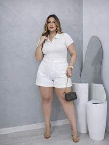 T-Shirt, Polo Shirt, Ribbed Cotton Shirt, Comfortable, Elegant, Everyday Casual, Plus Size. - 白色 - 查看 3