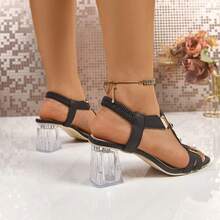 女士夏季镂空露趾高跟凉鞋，舒适水晶粗跟鞋 - 黑色 - 查看 4