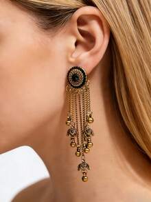 1对复古水钻流苏铃铛吊坠耳环，适合女士派对佩戴 - 彩色的 - 查看 2