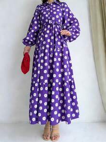Vestido largo de manga larga con estampado elegante, adecuado para primavera y otoño, para mujeres, de material de poliéster, no elástico, lavable a máquina, apto para vacaciones en todas las estaciones - Morado - Ver 3