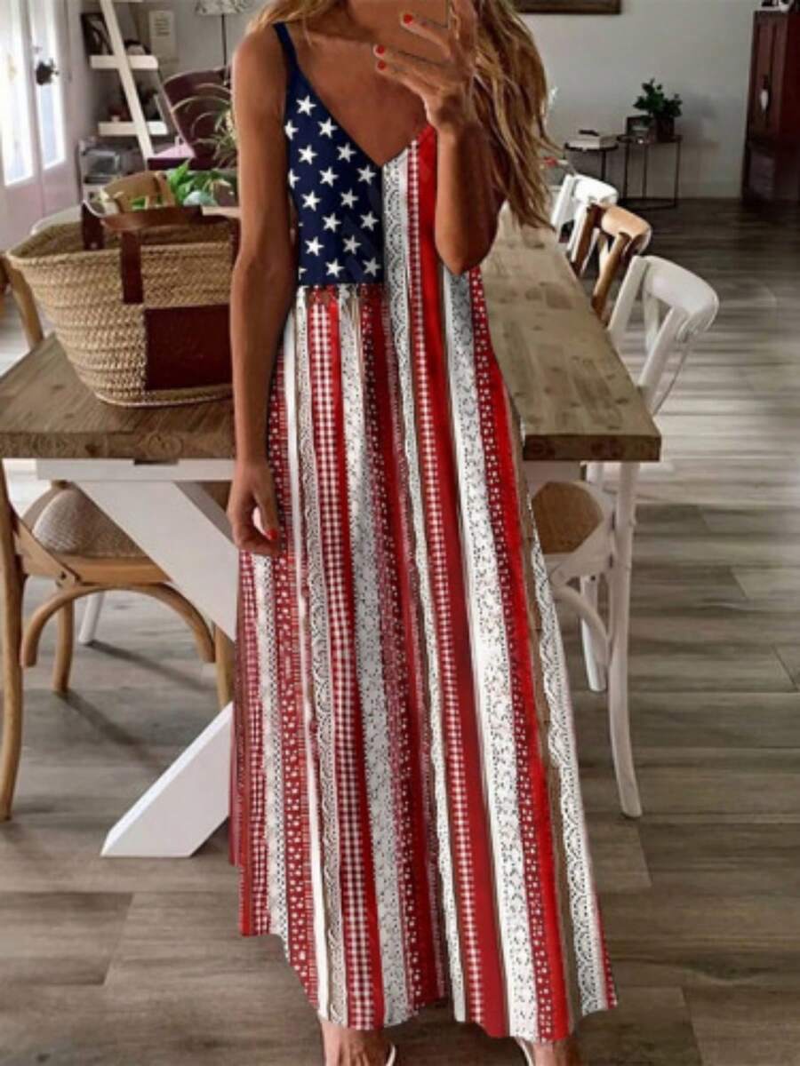 A Retro Plaid Knitted American Flag Plaid Patchwork Women's V-Neck Spaghetti Strap Dress, Suitable For Daily Casual Wear In Summer, Gift For Anniversaries - 彩色 - 查看 1